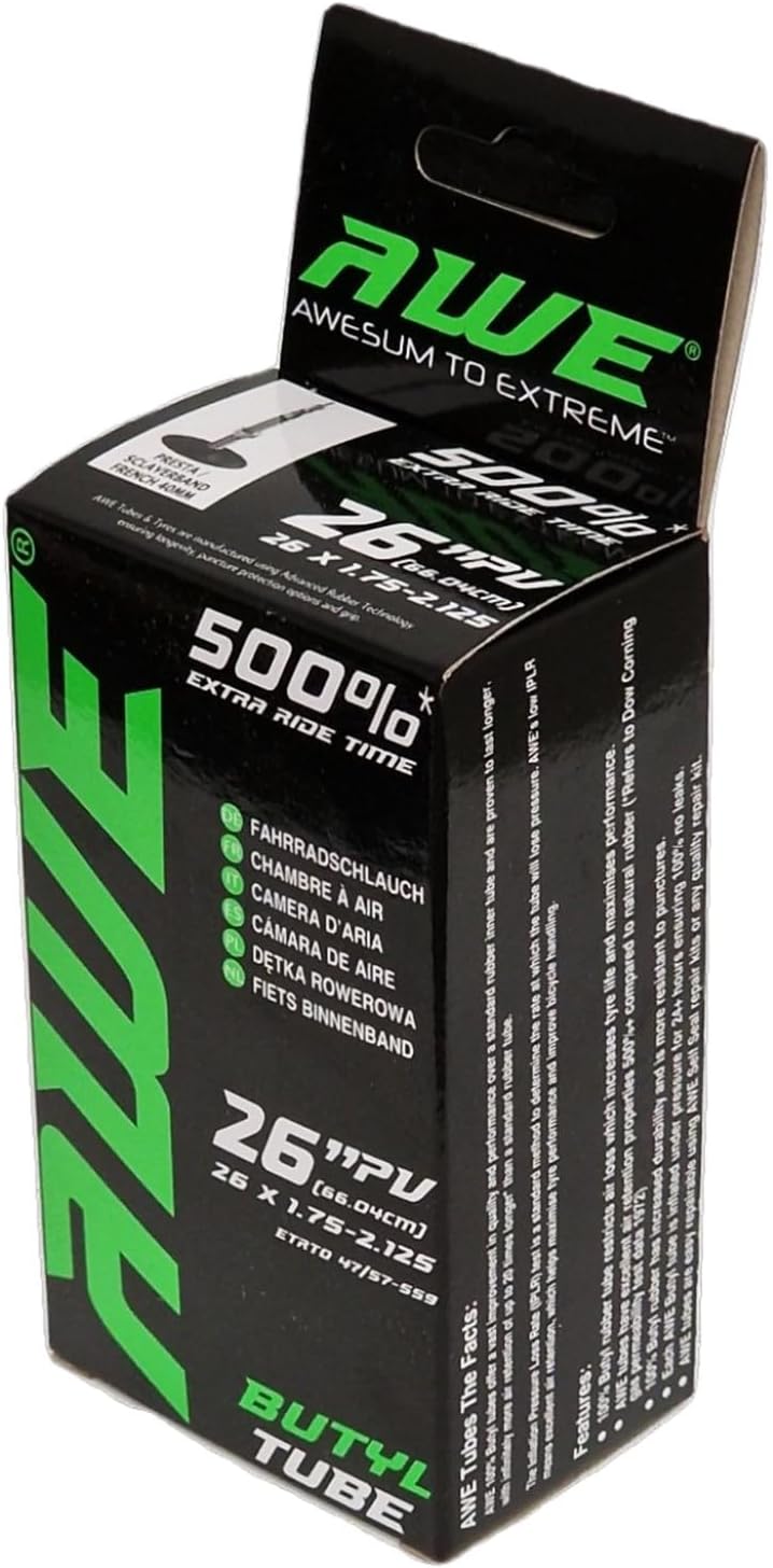 Awe Butyl Rubber 26" x 1.75-2.125 Inner Tube 500%* Extra Ride Time Presta Valve