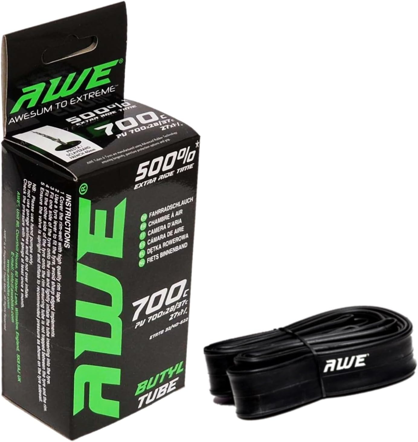 Awe Butyl Rubber 700 X 28/37 C Inner Tube 500%* Extra Ride Time 27 X 1 ¼ Presta Valve