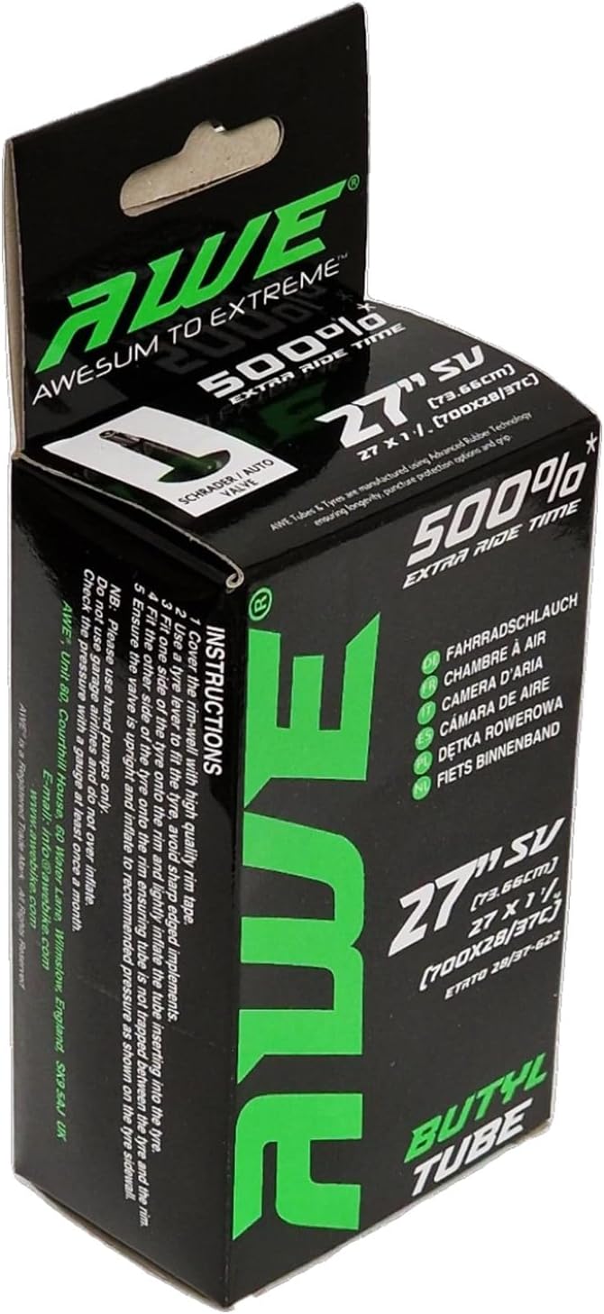 Awe Butyl Rubber 27"x 1 1/4 (700x28/37C) Inner Tube 500%* Extra Ride Time Schrader Valve