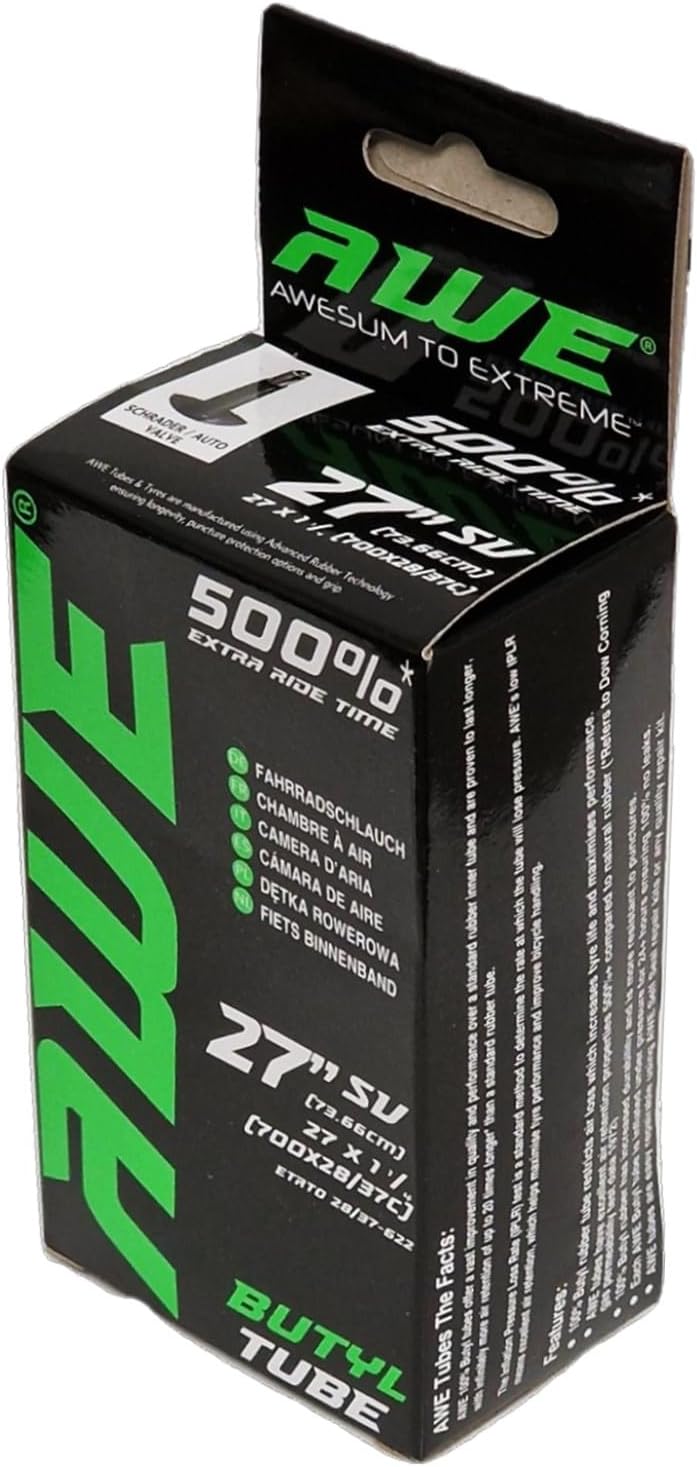 Awe Butyl Rubber 27"x 1 1/4 (700x28/37C) Inner Tube 500%* Extra Ride Time Schrader Valve