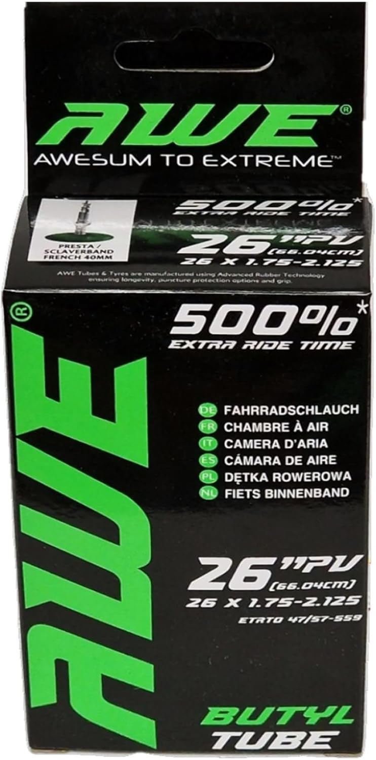 Awe Butyl Rubber 26" x 1.75-2.125 Inner Tube 500%* Extra Ride Time Presta Valve