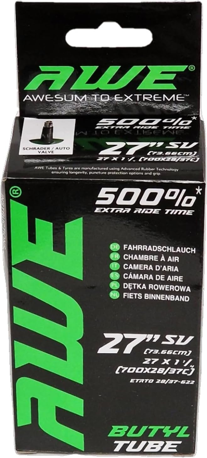 Awe Butyl Rubber 27"x 1 1/4 (700x28/37C) Inner Tube 500%* Extra Ride Time Schrader Valve