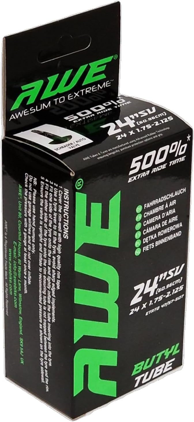 Awe Butyl Rubber 24" x 1.75-2.125 Inner Tube 500%* Extra Ride Time Schrader Valve