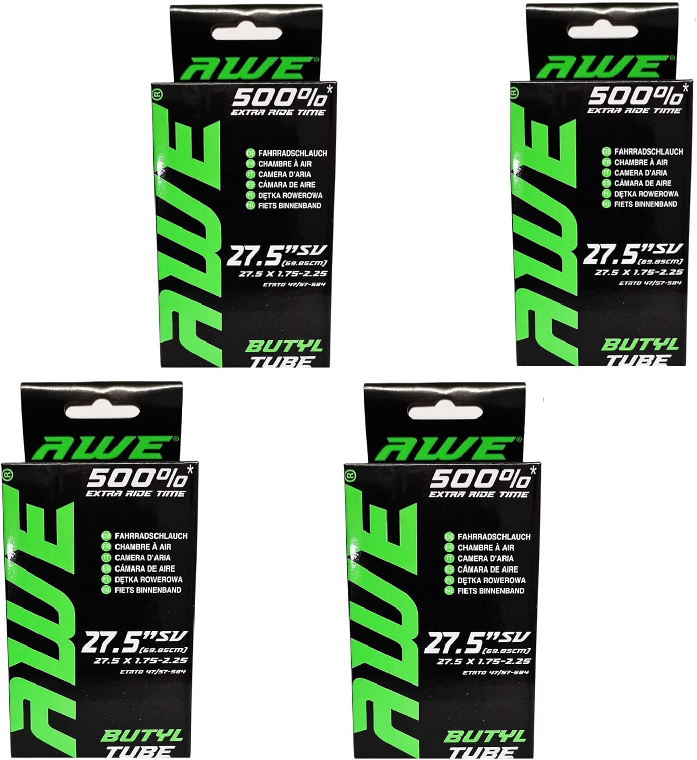 Awe 4 x Butyl Rubber 27.5" x 1.75-2.25 Inner Tube 500%* Extra Ride Time Schrader Valve