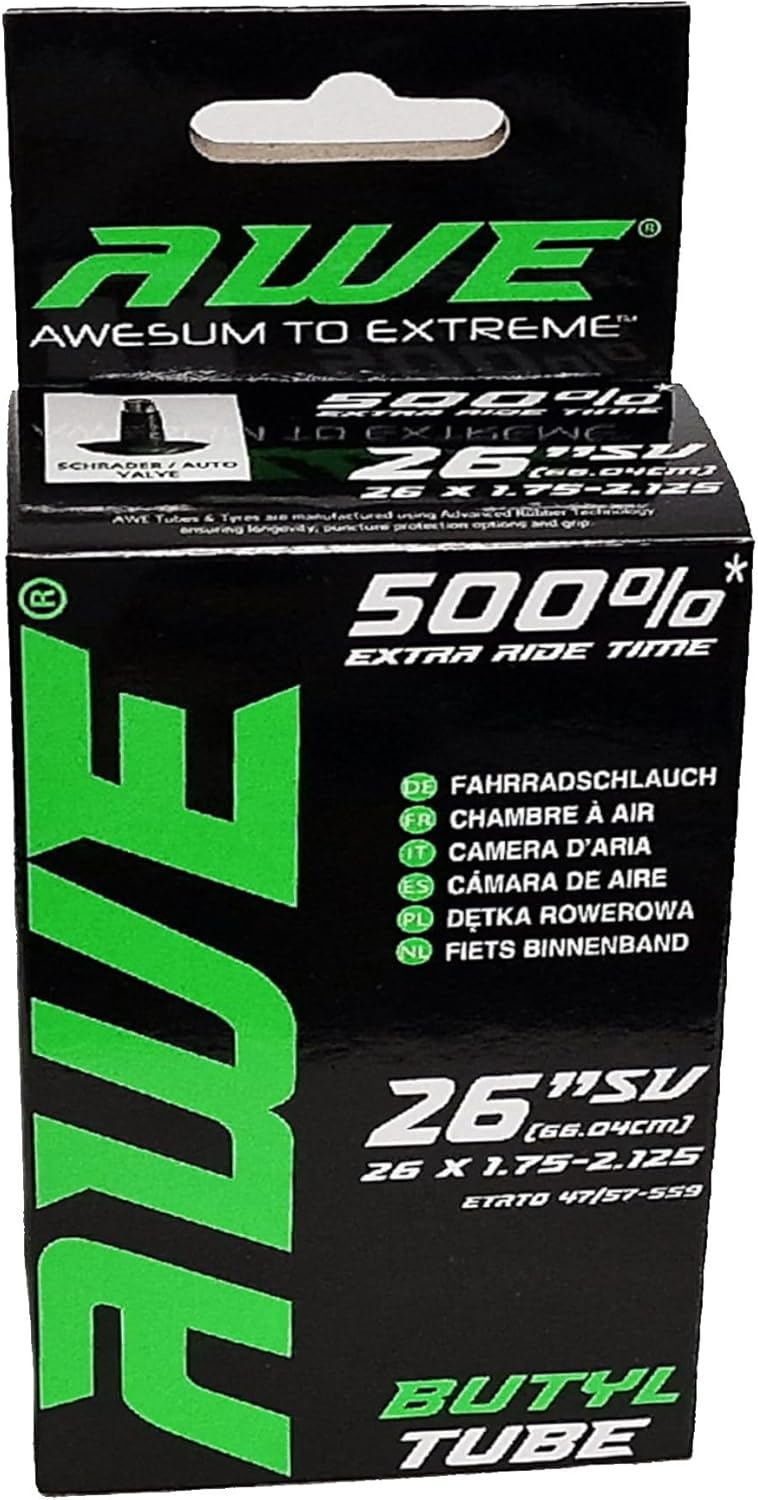 Awe Butyl Rubber 26" x 1.75-2.125 Inner Tube 500%* Extra Ride Time Schrader Valve