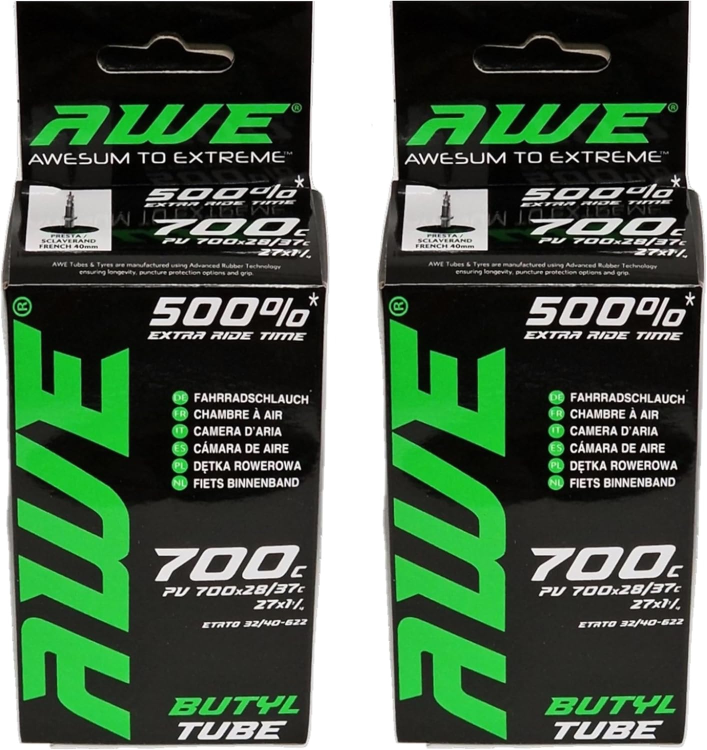 Awe 2 x Butyl Rubber 700 X 28/37 C Inner Tube 500%* Extra Ride Time 27 X 1 ¼ Presta Valve