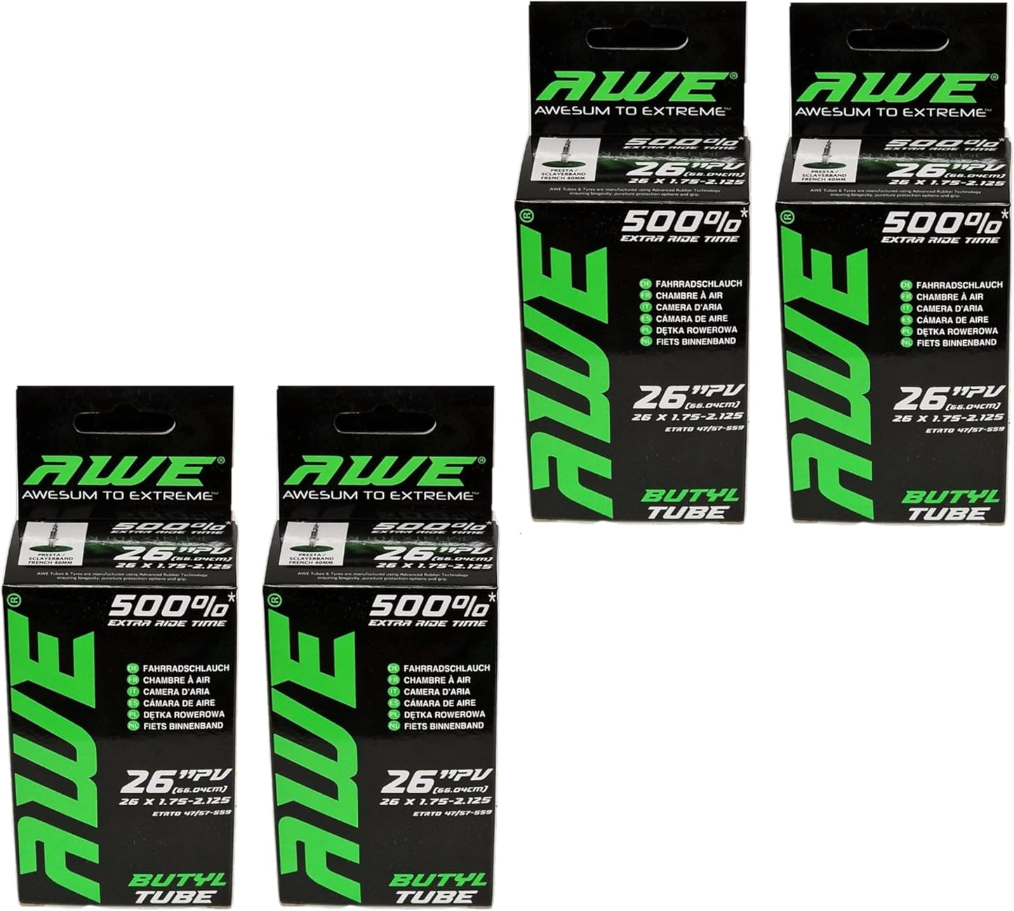 Awe 4 x Butyl Rubber 26" x 1.75-2.125 Inner Tube 500%* Extra Ride Time Presta Valve