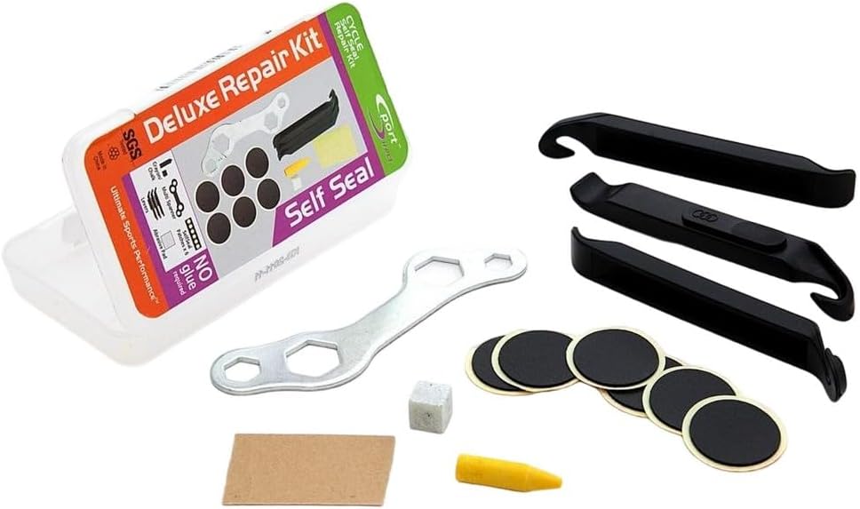Sport Direct Bike/E-Bike Self Seal Puncture Repair Kits with 6 Patches, 1 Abrasive pad, 1 Crayon, 1 Chalk, 3 Tyre Levers & 1 Multi Size Spanner