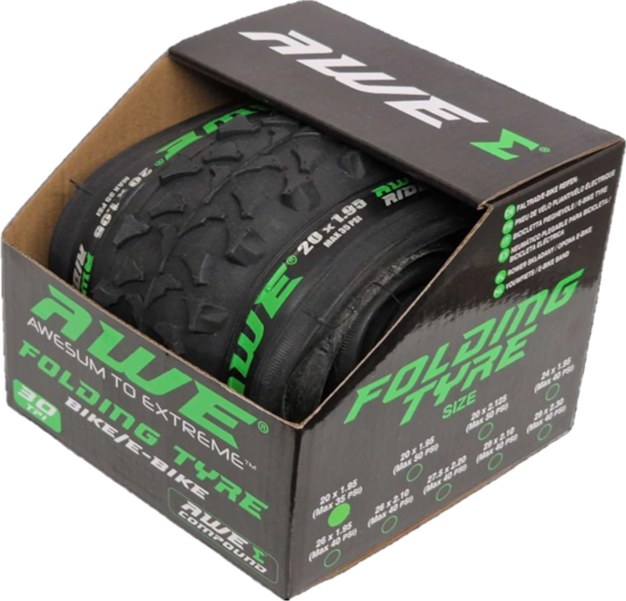 Awe 1 x AWERide Folding Tyre 20 x 1.95 cm MTB and 1 x AWE Inner Tube 20" x 1.75-2.125 Schrader Valve