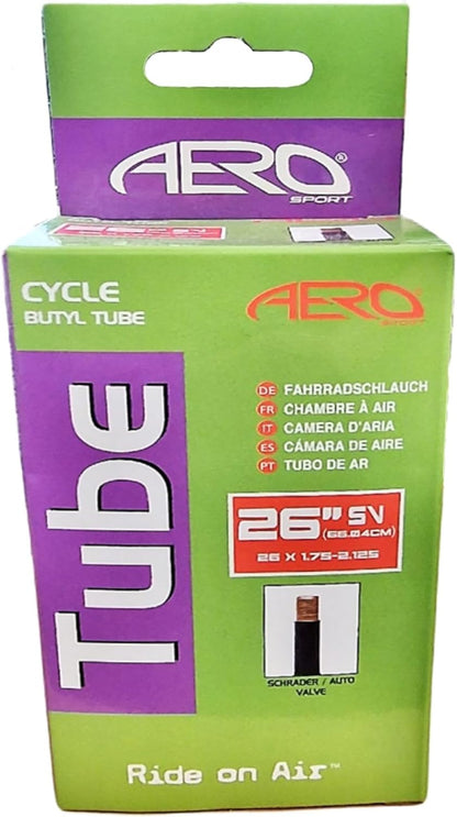 Aero Sport Butyl Rubber 26" x 1.75-2.125 Inner Tube 500%* Extra Ride Time Schrader Valve
