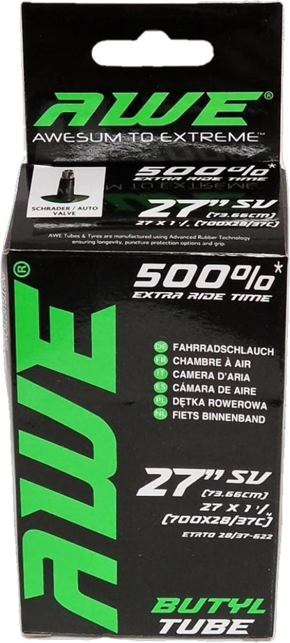 Awe Butyl Rubber 27"x 1 1/4 (700x28/37C) Inner Tube 500%* Extra Ride Time Schrader Valve
