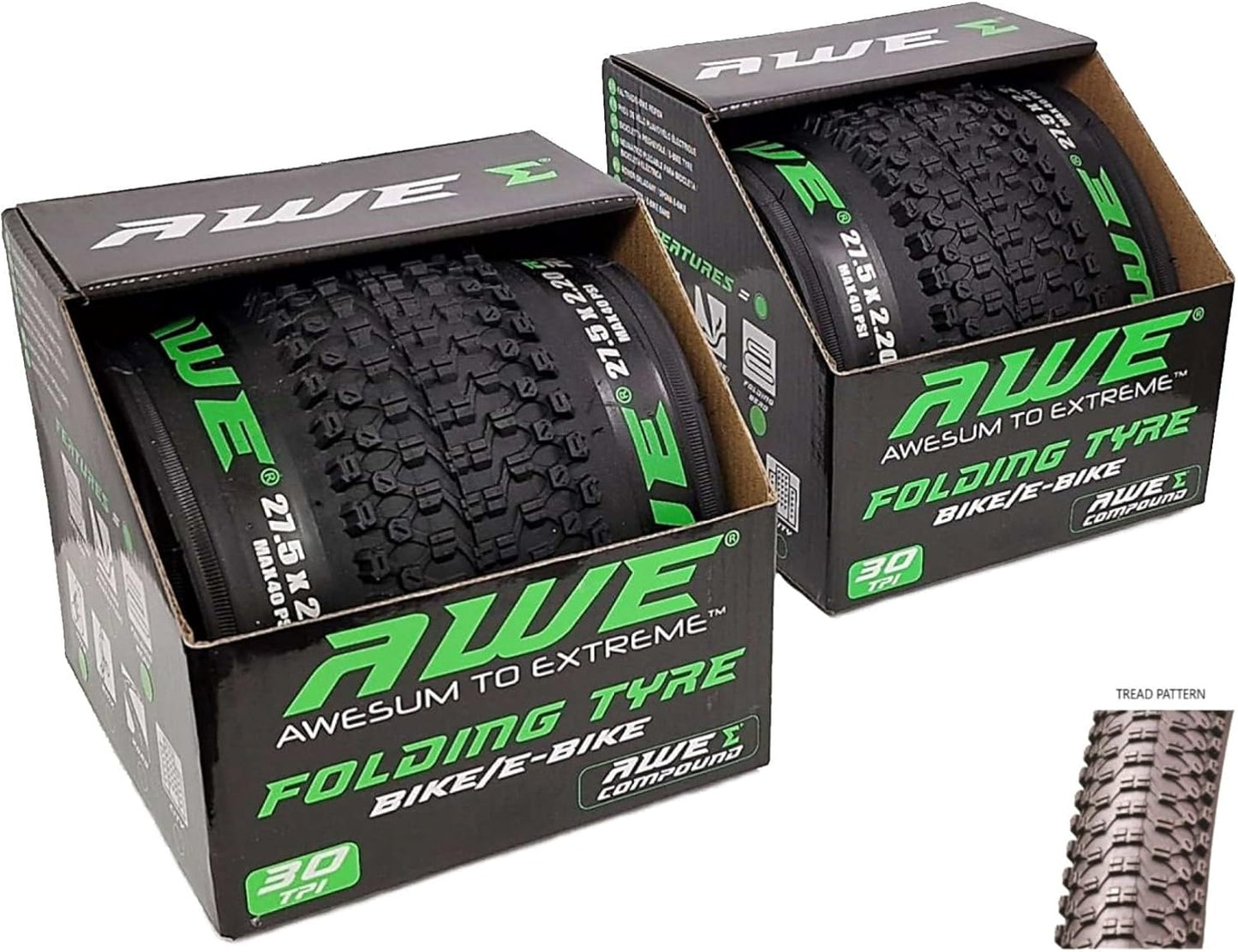 Awe 2 x AWERide Bike/E-Bike Folding Tyres 27.5" x 2.20" MTB Tyre 30 TPI
