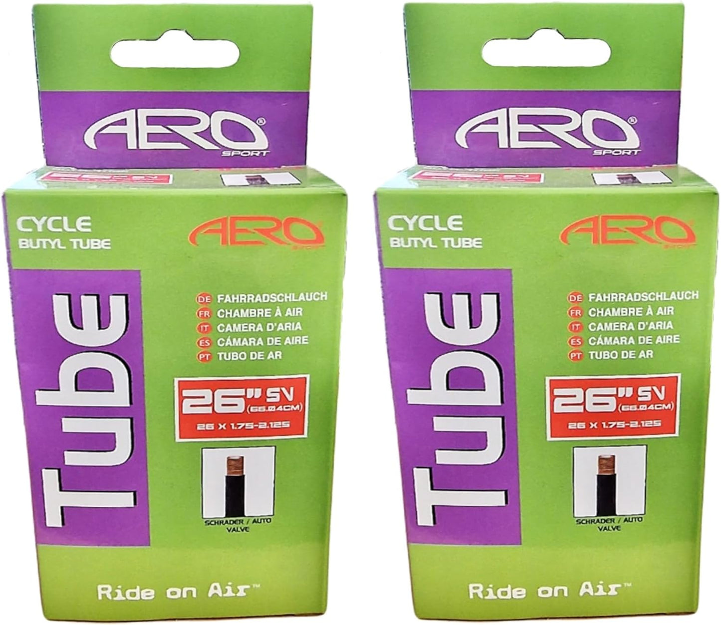 Aero Sport 2 x Butyl Rubber 26" x 1.75-2.125 Inner Tube 500%* Extra Ride Time Schrader Valve