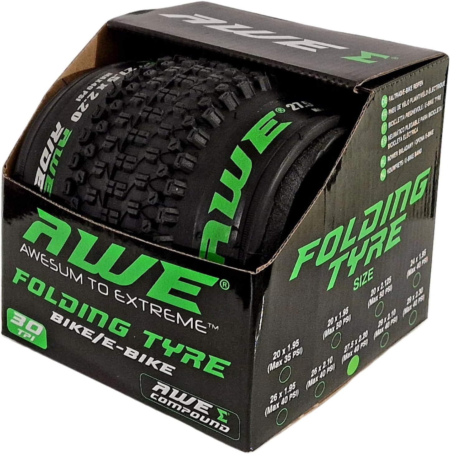 Awe 1 x AWERide Folding Tyre 27.5 x 2.20 cm MTB and 1 x AWE Inner Tube 27.5" x 1.75-2.25 Schrader Valve