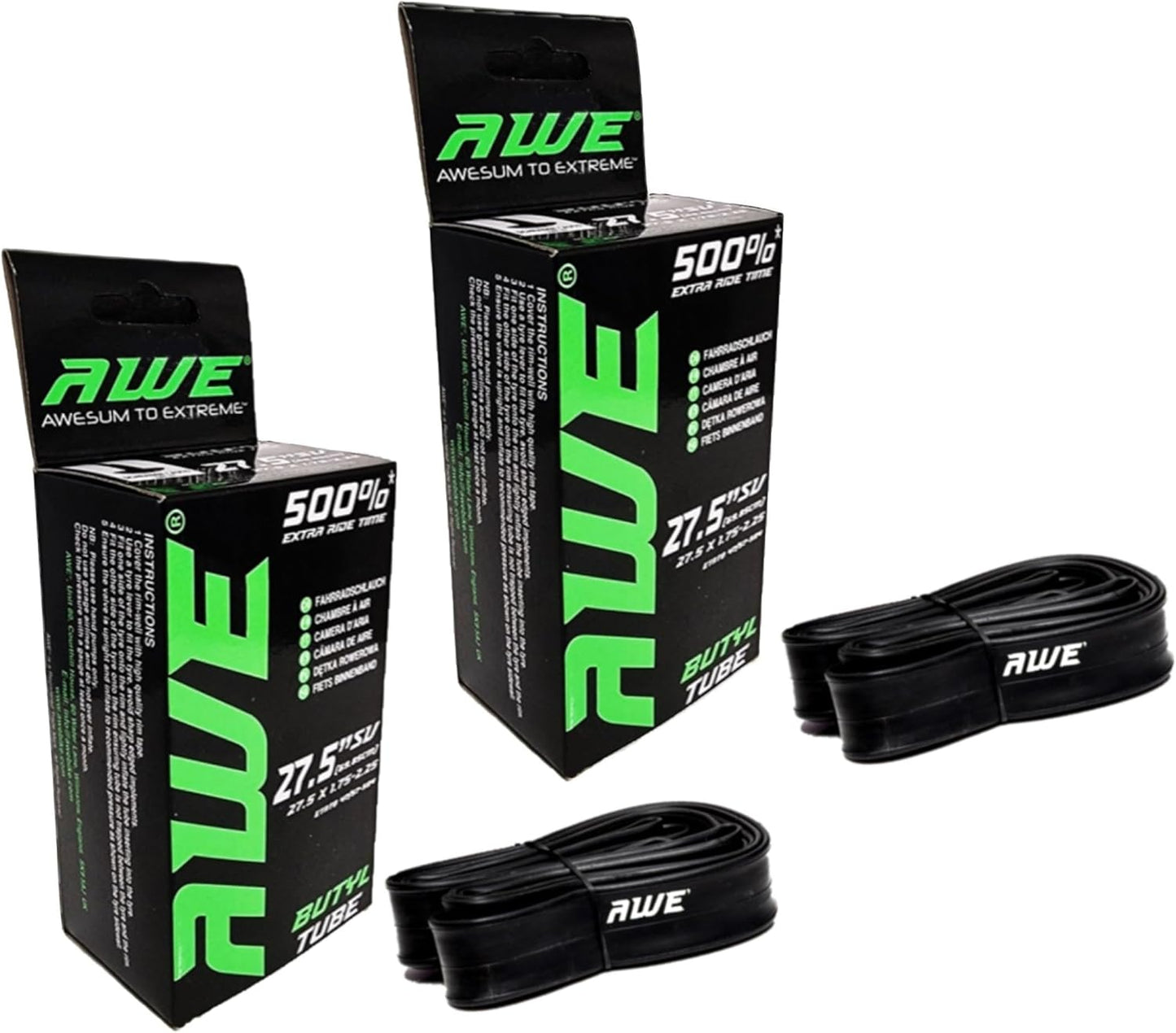 Awe 2 x Butyl Rubber 27.5" x 1.75-2.25 Inner Tube 500%* Extra Ride Time Schrader Valve