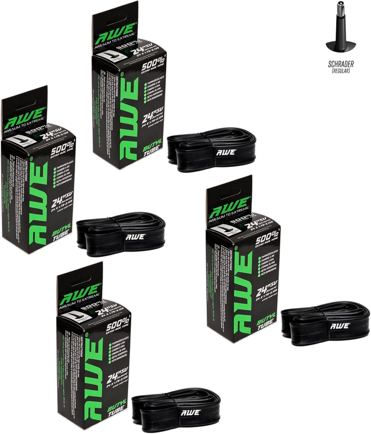 Awe 4 x Butyl Rubber 24" x 1.75-2.125 Inner Tube 500%* Extra Ride Time Schrader Valve