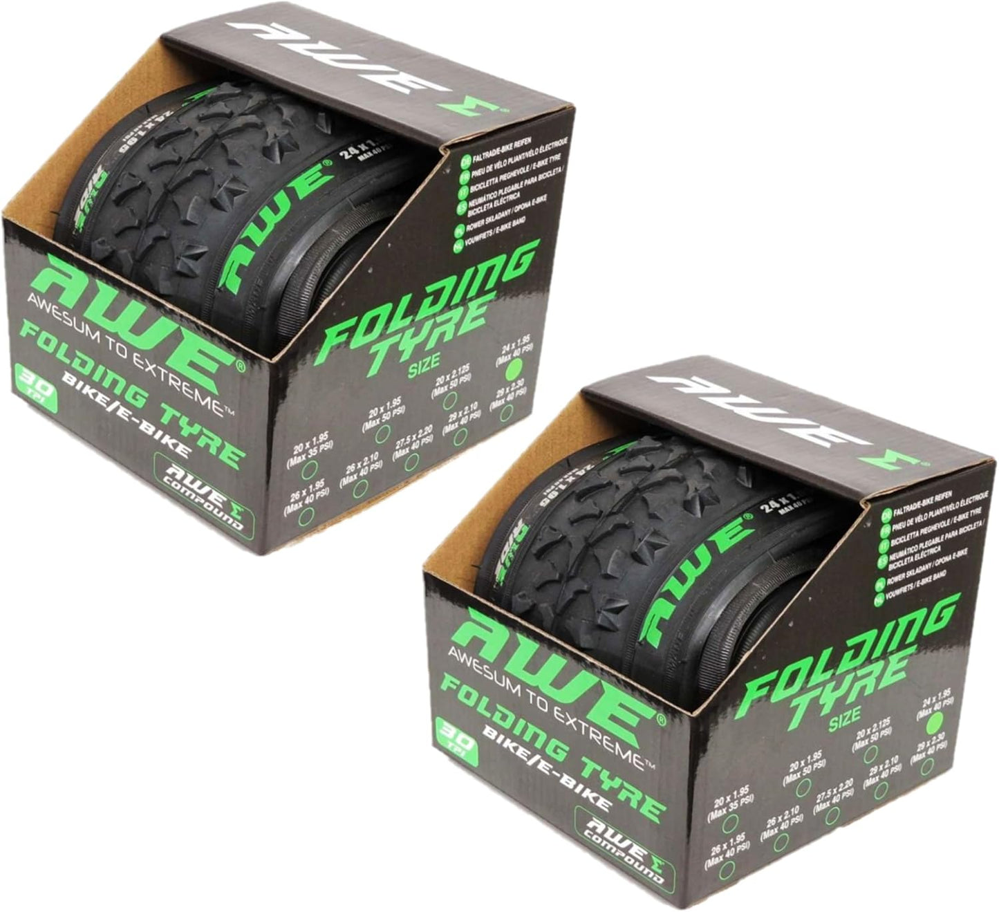 Awe 2 x AWERide Folding Tyres 24 x 1.95 cm MTB and 2 x AWE Inner Tubes 24" x 1.75-2.125 Schrader Valve