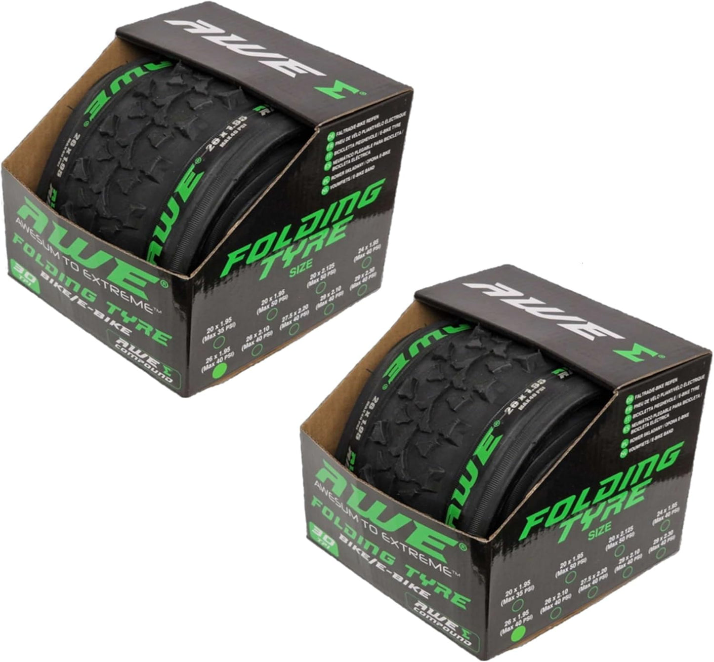 Awe 2 x AWERide Folding Tyres 26 x 1.95 cm MTB and 2 x AWE Inner Tubes 26" x 1.75-2.125 Schrader Valve