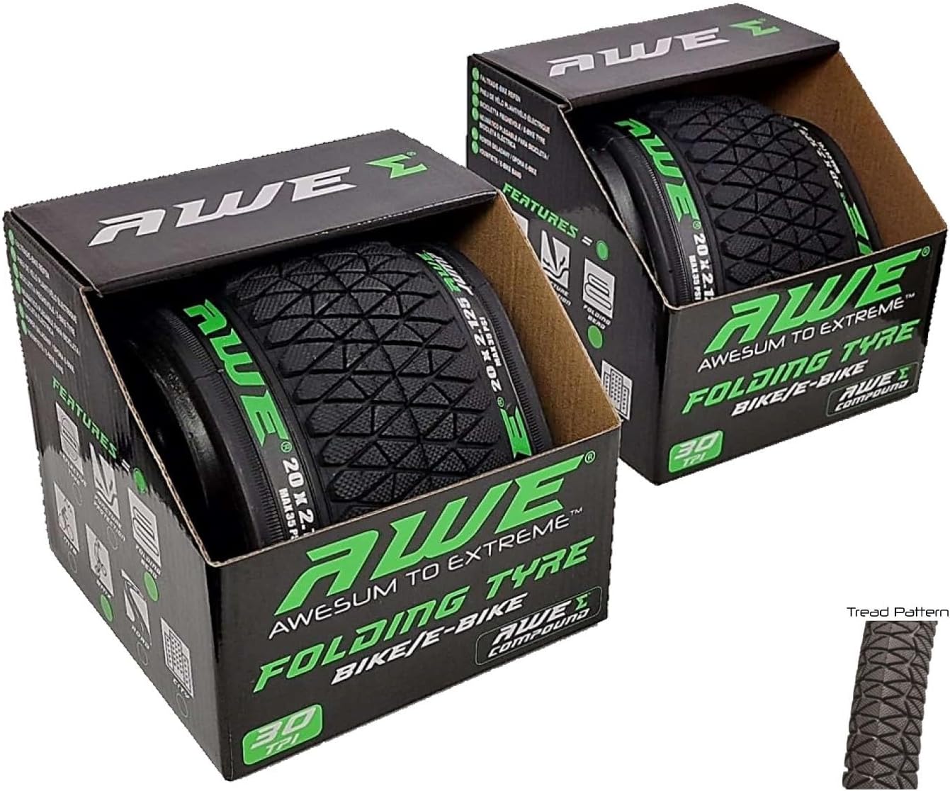 Awe 2 x AWEJump Bike/E-Bike Folding Tyre 20" x 2.125" BMX Tyre 30 TPI