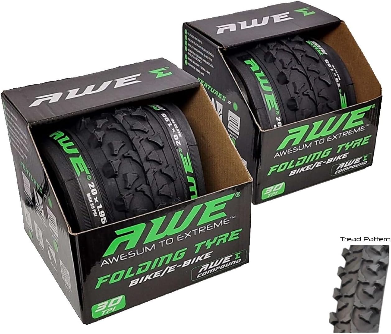 Awe 2 x AWERide Bike/E-Bike Folding Tyres 20" x 1.95" MTB Tyre 30 TPI
