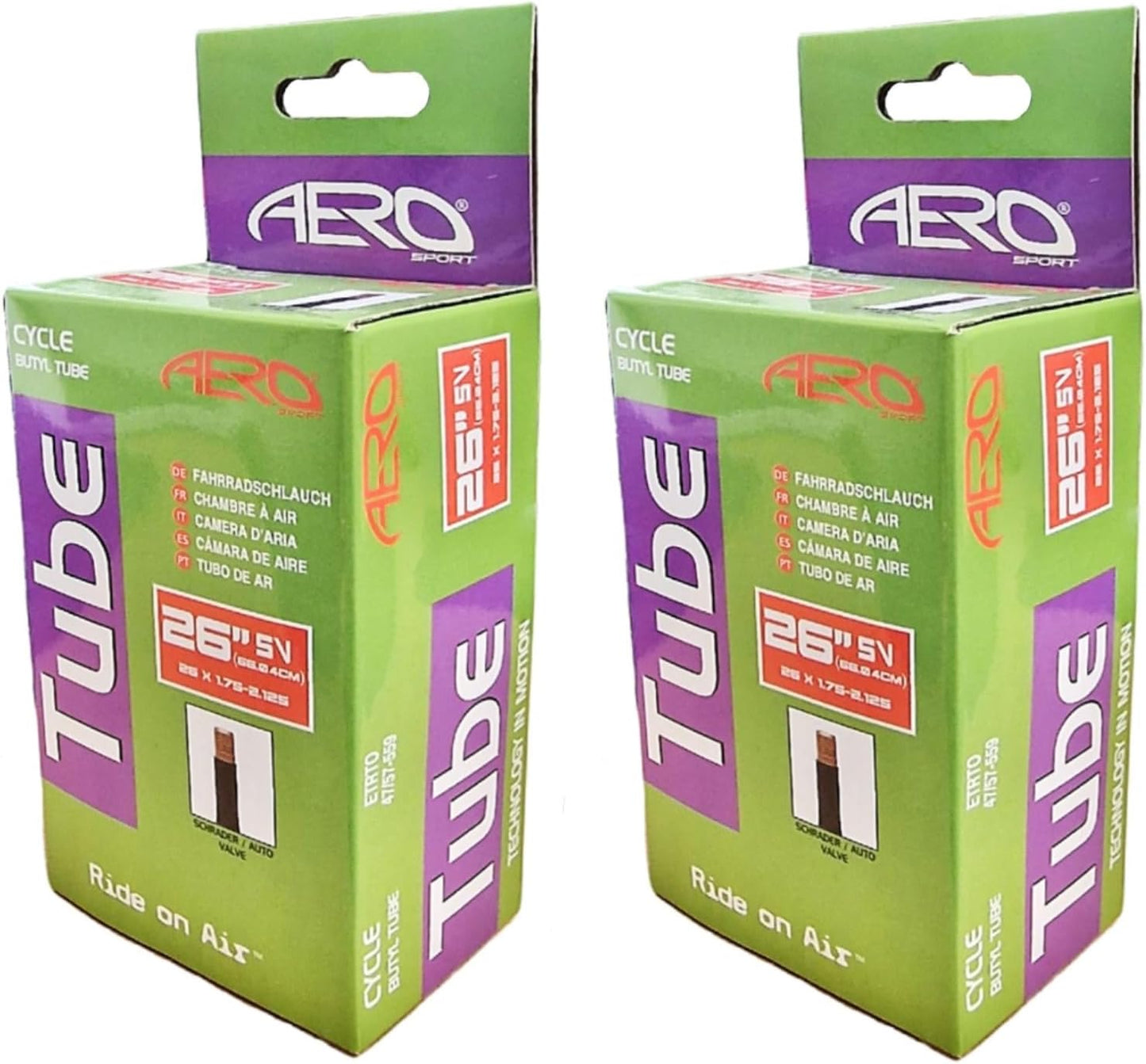 Aero Sport 2 x Butyl Rubber 26" x 1.75-2.125 Inner Tube 500%* Extra Ride Time Schrader Valve