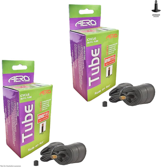 Aero Sport 2 x Butyl Rubber 26" x 1.75-2.125 Inner Tube 500%* Extra Ride Time Schrader Valve