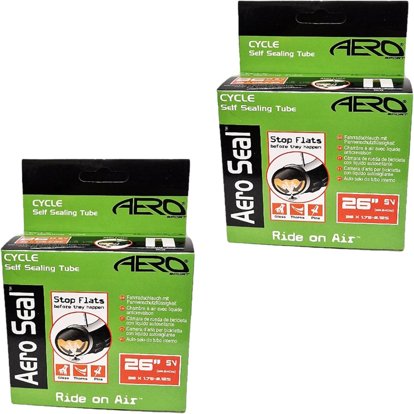Aero Sport 2 x Self Sealing Butyl Rubber 26" x 1.75 - 2.125 Inner Tubes Schrader Valve