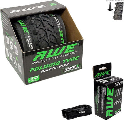 Awe 1 x AWERide Folding Tyre 20 x 1.95 cm MTB and 1 x AWE Inner Tube 20" x 1.75-2.125 Schrader Valve