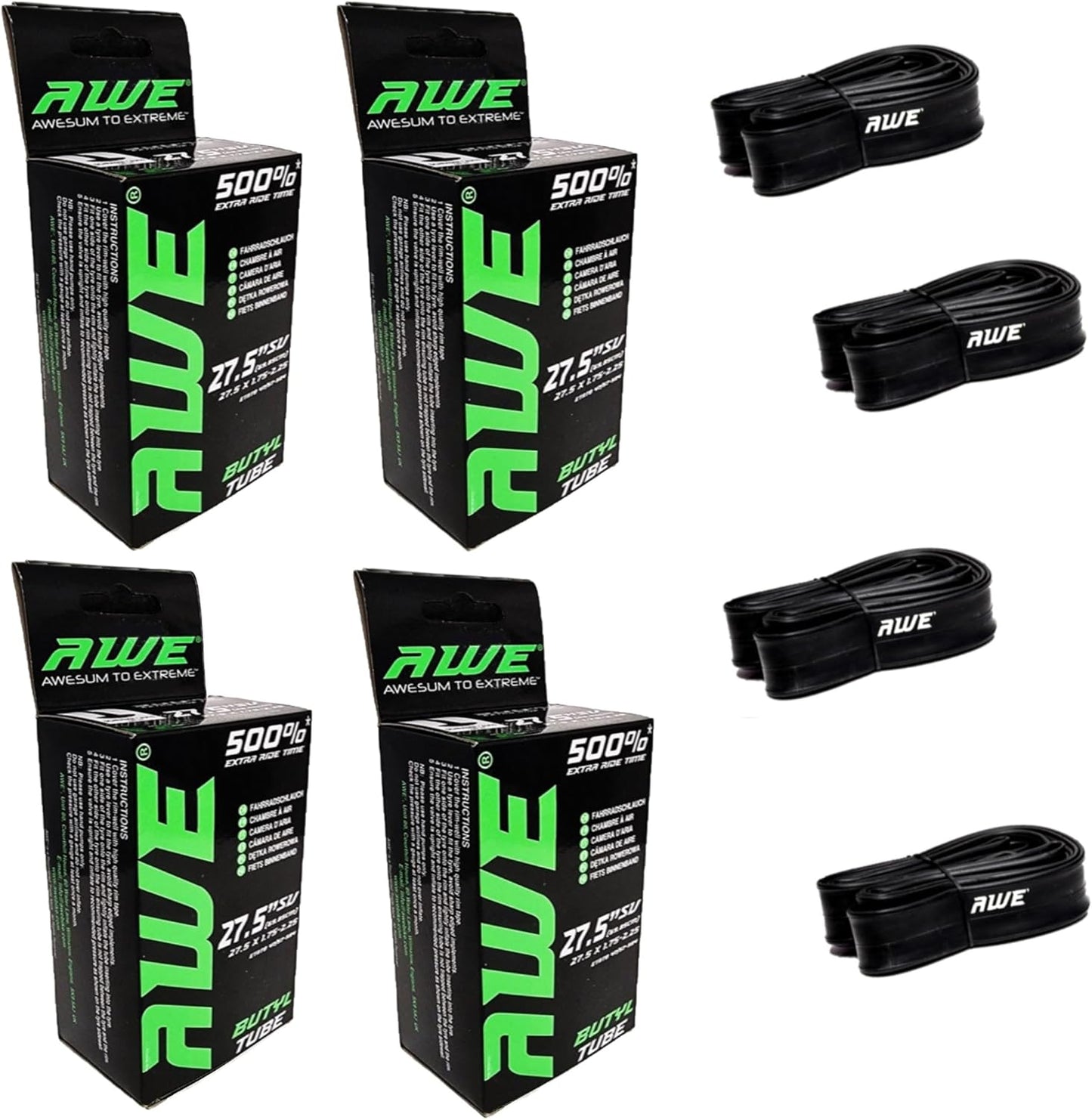 Awe 4 x Butyl Rubber 27.5" x 1.75-2.25 Inner Tube 500%* Extra Ride Time Schrader Valve
