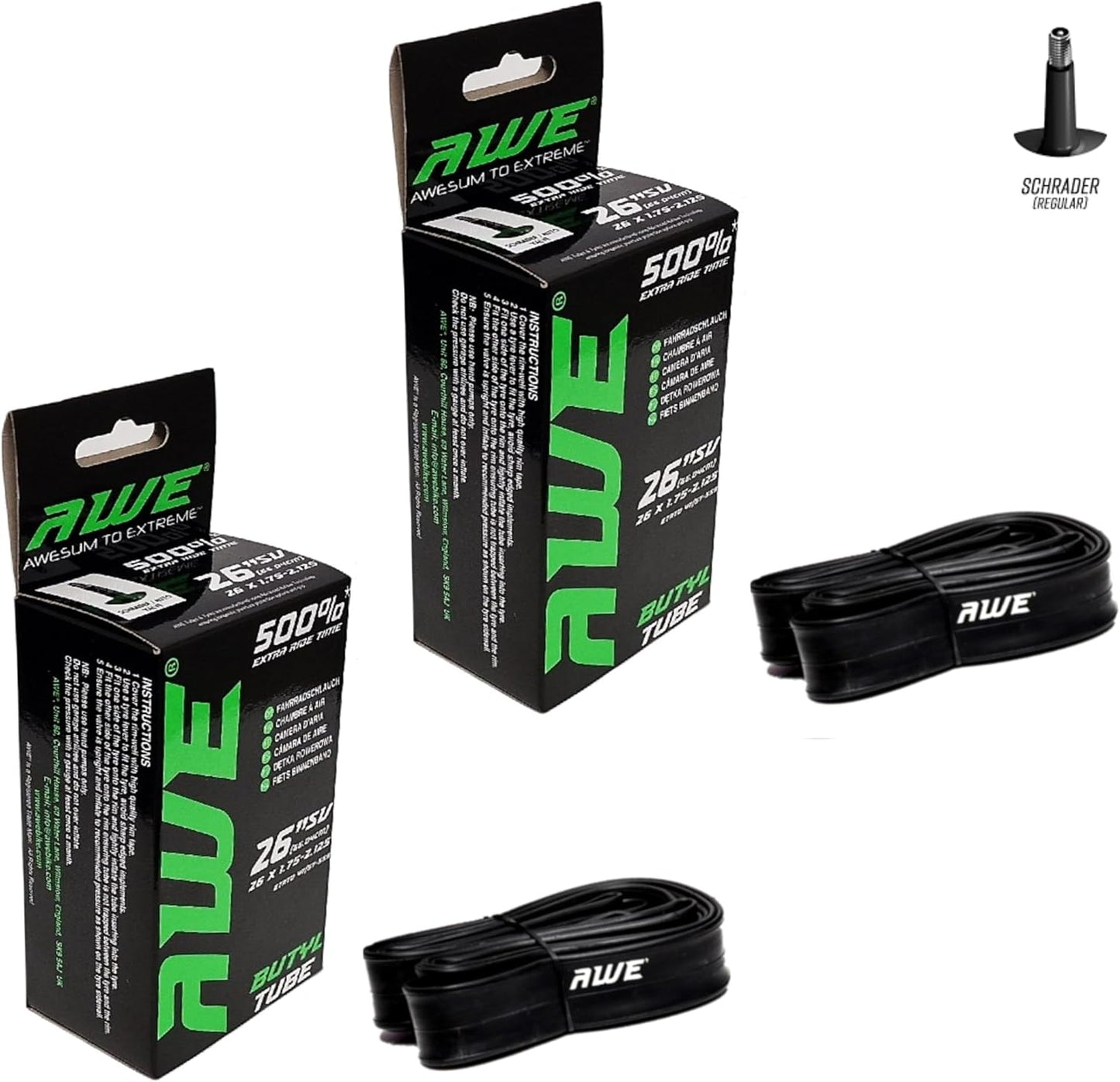 Awe 2 x AWERide Folding Tyres 26 x 1.95 cm MTB and 2 x AWE Inner Tubes 26" x 1.75-2.125 Schrader Valve