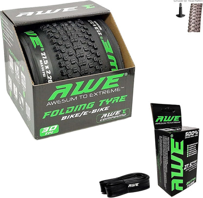 Awe 1 x AWERide Folding Tyre 27.5 x 2.20 cm MTB and 1 x AWE Inner Tube 27.5" x 1.75-2.25 Schrader Valve