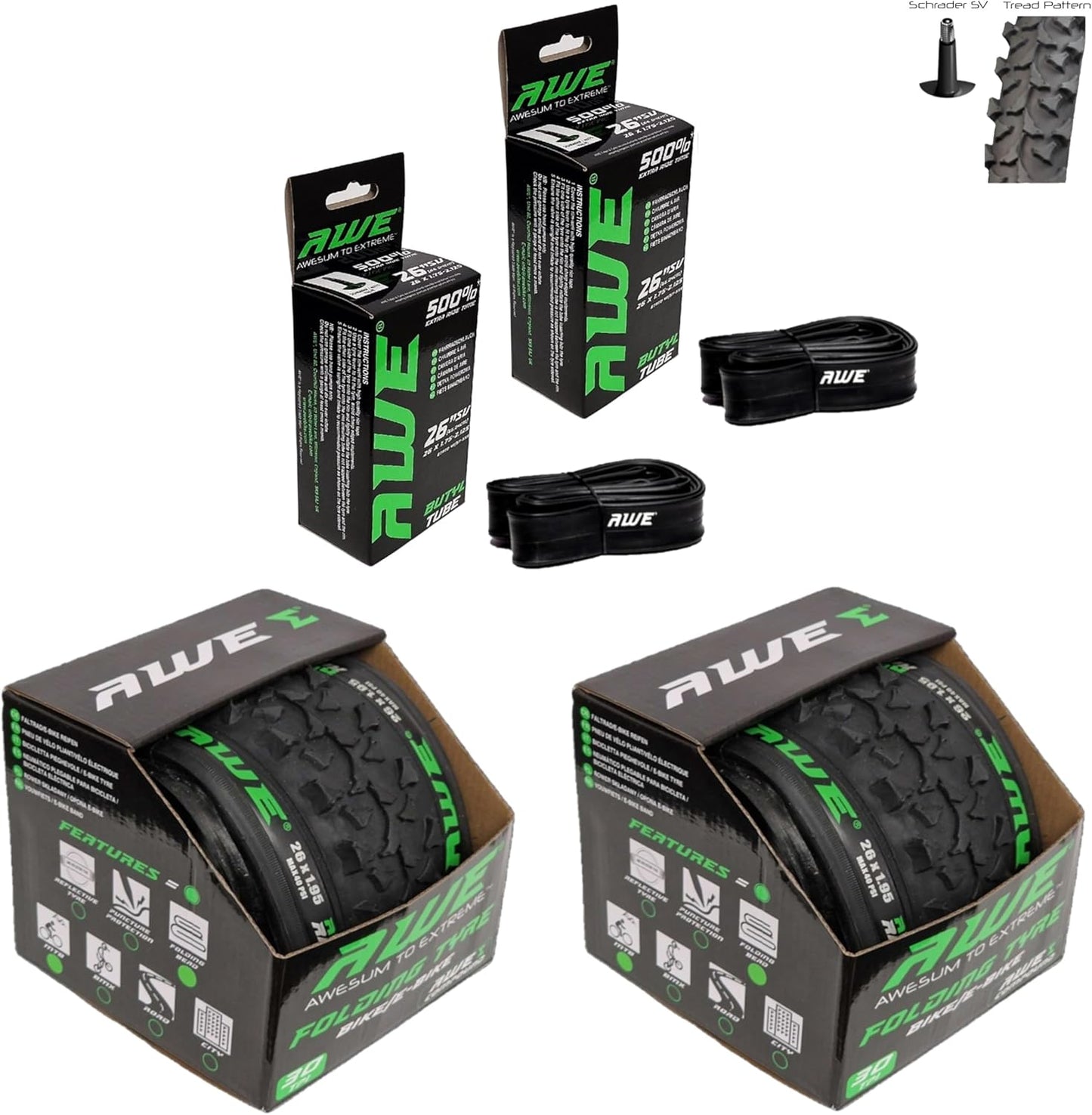 Awe 2 x AWERide Folding Tyres 26 x 1.95 cm MTB and 2 x AWE Inner Tubes 26" x 1.75-2.125 Schrader Valve