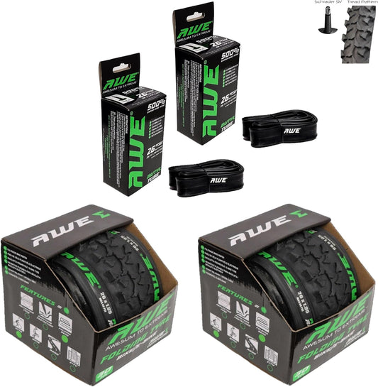 Awe 2 x AWERide Folding Tyres 26 x 1.95 cm MTB and 2 x AWE Inner Tubes 26" x 1.75-2.125 Schrader Valve