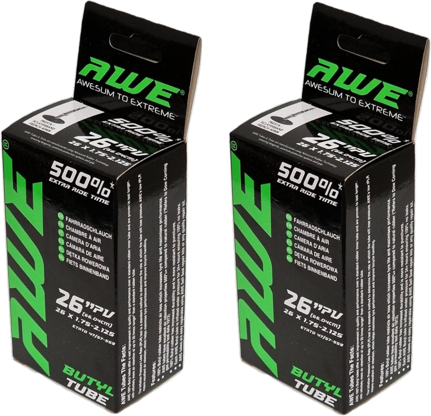 Awe 2 x Butyl Rubber 26" x 1.75-2.125 Inner Tube 500%* Extra Ride Time Presta Valve