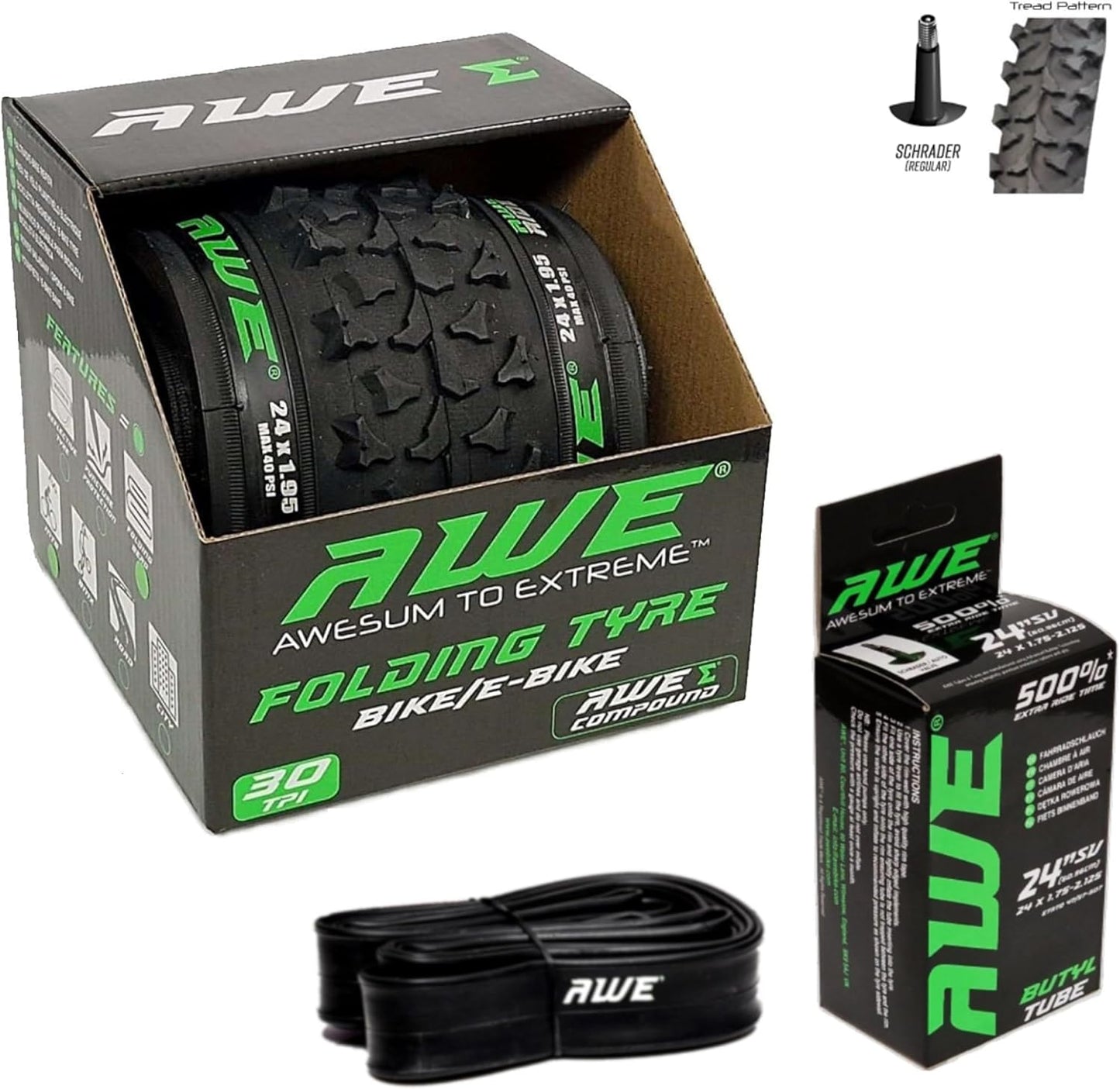 Awe 1 x AWERide Folding Tyre 24 x 1.95 cm MTB and 1 x AWE Inner Tube 24" x 1.75-2.125 Schrader Valve