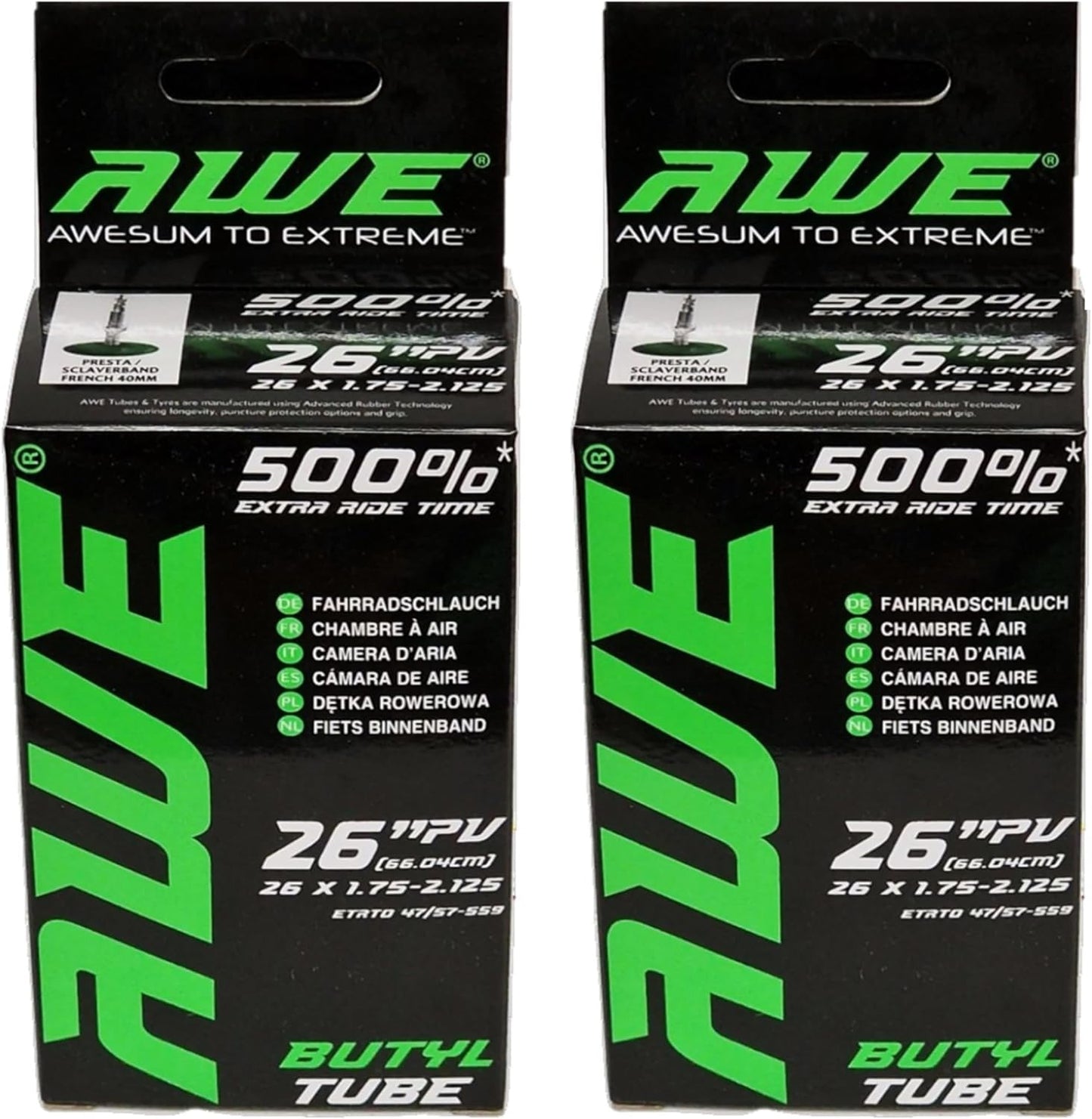 Awe 2 x Butyl Rubber 26" x 1.75-2.125 Inner Tube 500%* Extra Ride Time Presta Valve