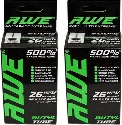 Awe 2 x Butyl Rubber 26" x 1.75-2.125 Inner Tube 500%* Extra Ride Time Presta Valve