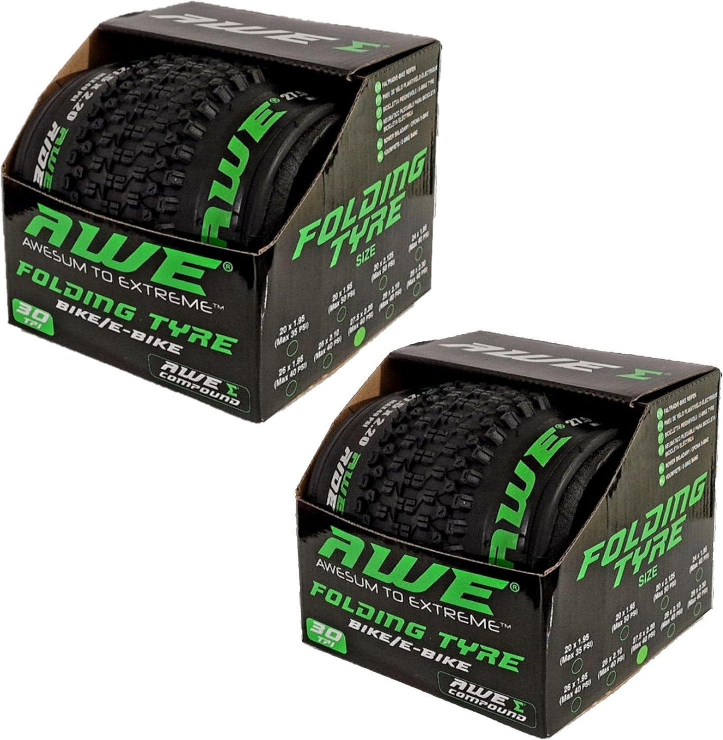Awe 2 x AWERide Bike/E-Bike Folding Tyres 27.5" x 2.20" MTB Tyre 30 TPI