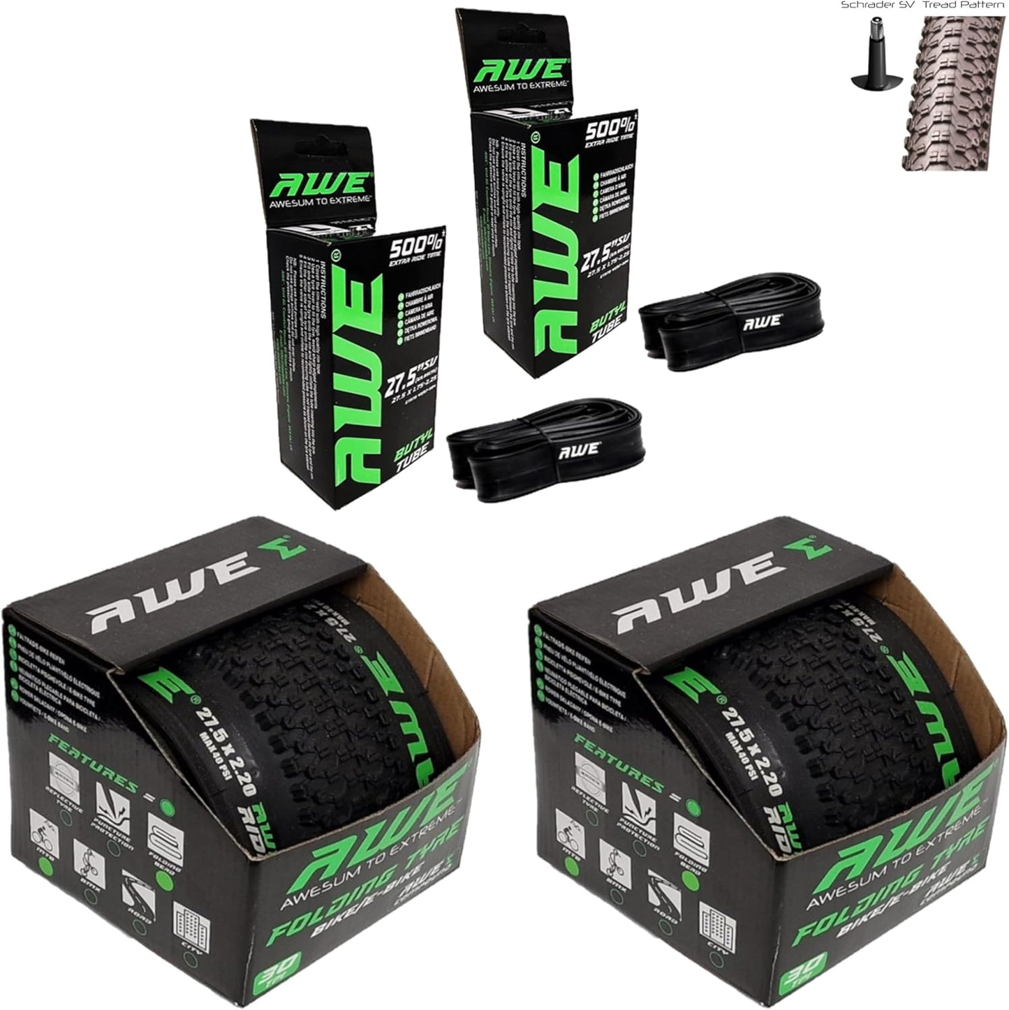 Awe 2 x AWERide Folding Tyres 27.5 x 2.20 cm MTB and 2 x AWE Inner Tubes 27.5" x 1.75-2.25 Schrader Valve