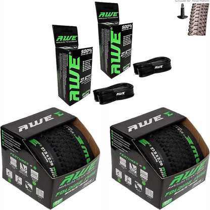 Awe 2 x AWERide Folding Tyres 27.5 x 2.20 cm MTB and 2 x AWE Inner Tubes 27.5" x 1.75-2.25 Schrader Valve