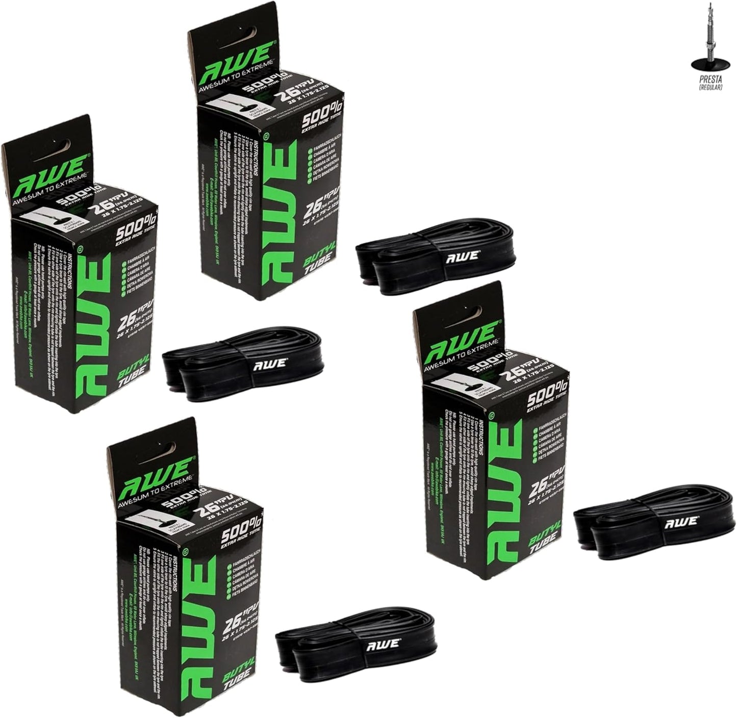 Awe 4 x Butyl Rubber 26" x 1.75-2.125 Inner Tube 500%* Extra Ride Time Presta Valve