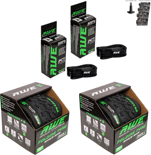 Awe 2 x AWERide Folding Tyres 24 x 1.95 cm MTB and 2 x AWE Inner Tubes 24" x 1.75-2.125 Schrader Valve