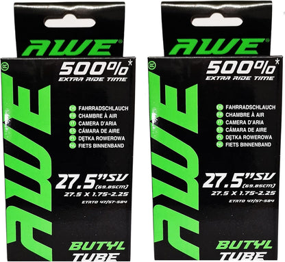 Awe 2 x Butyl Rubber 27.5" x 1.75-2.25 Inner Tube 500%* Extra Ride Time Schrader Valve