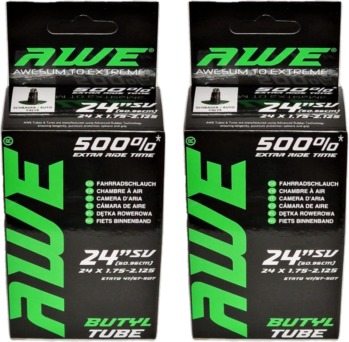 Awe 2 x Butyl Rubber 24" x 1.75-2.125 Inner Tube 500%* Extra Ride Time Schrader Valve