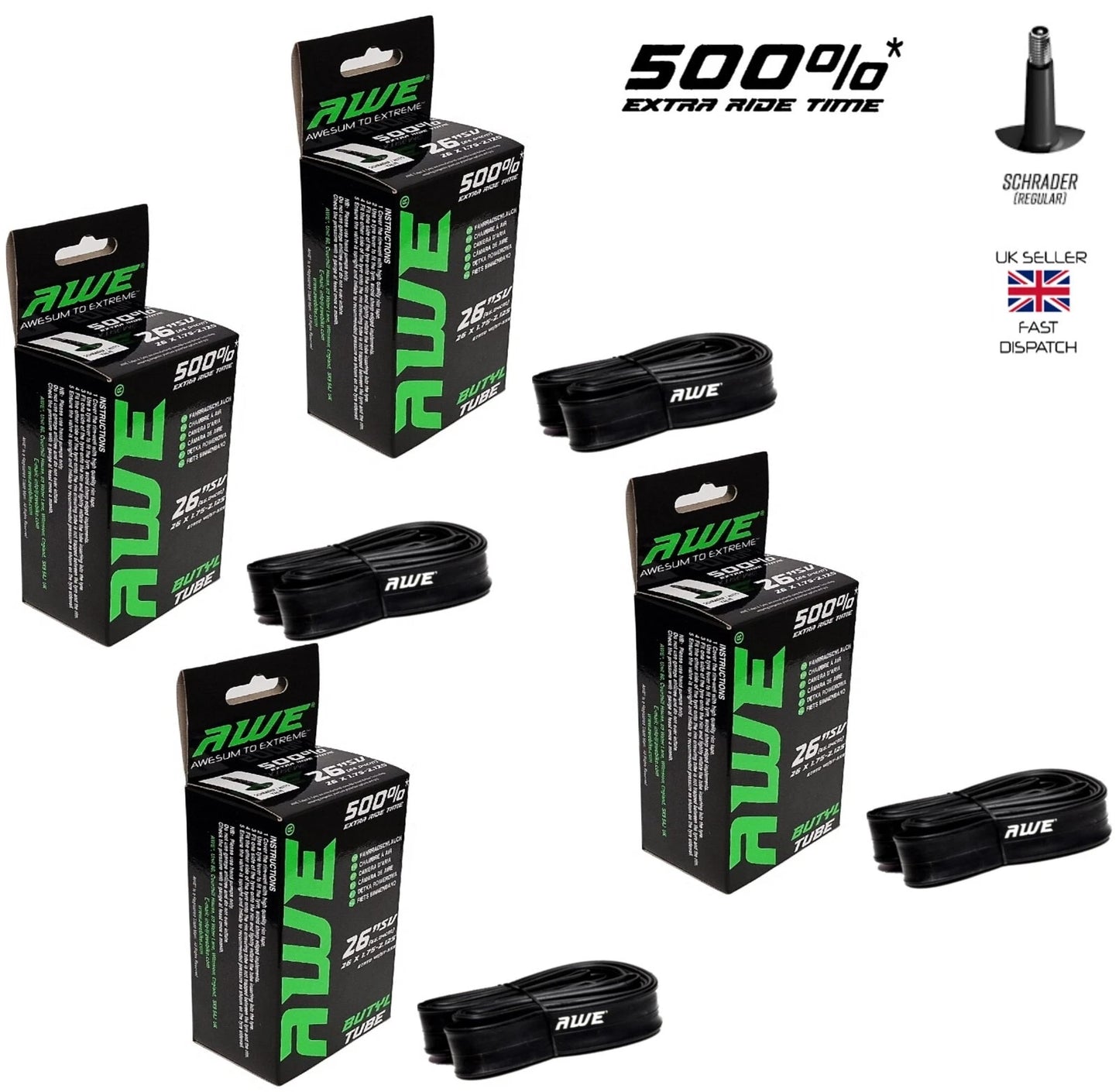 Awe 4 x Butyl Rubber 26" x 1.75-2.125 Inner Tube 500%* Extra Ride Time Schrader Valve