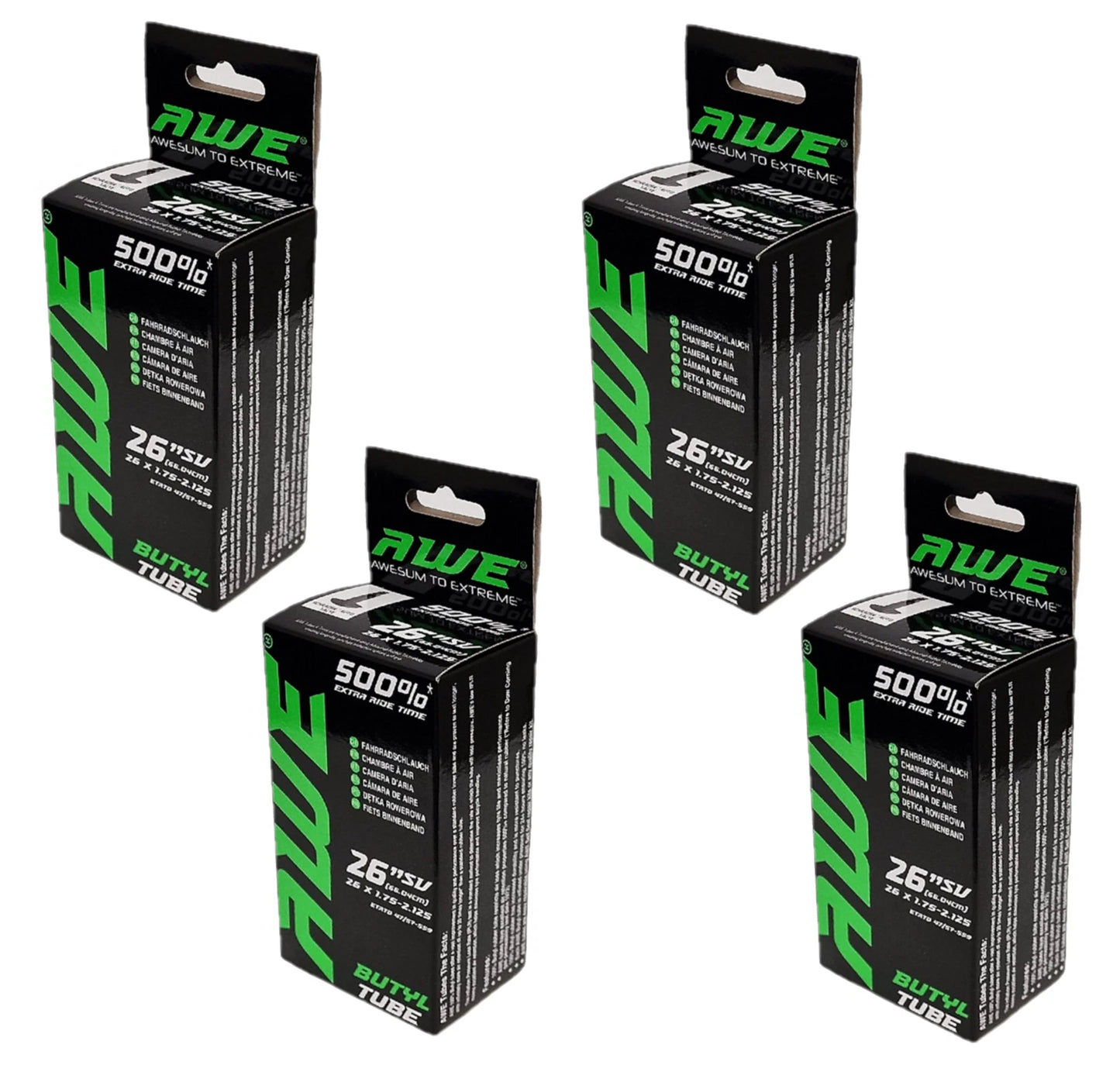 Awe 4 x Butyl Rubber 26" x 1.75-2.125 Inner Tube 500%* Extra Ride Time Schrader Valve