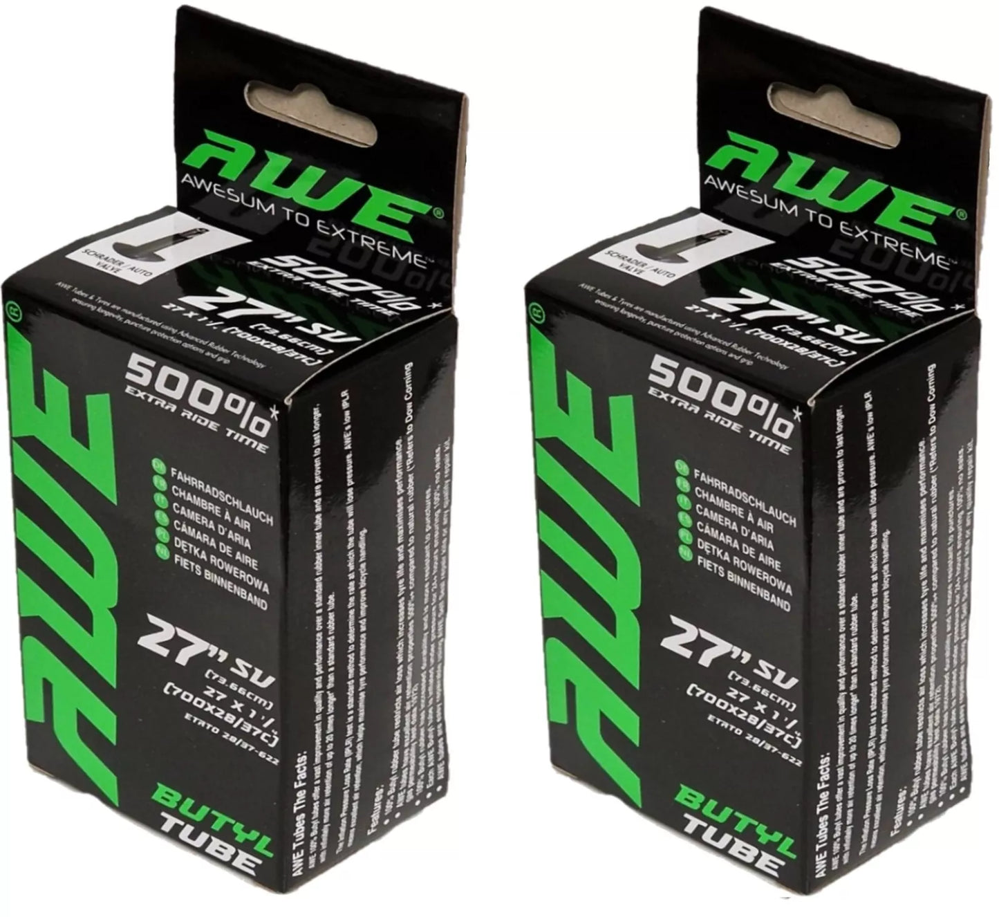 Awe 2 x Butyl Rubber 27"x 1 1/4 (700x28/37C) Inner Tube 500%* Extra Ride Time Schrader Valve