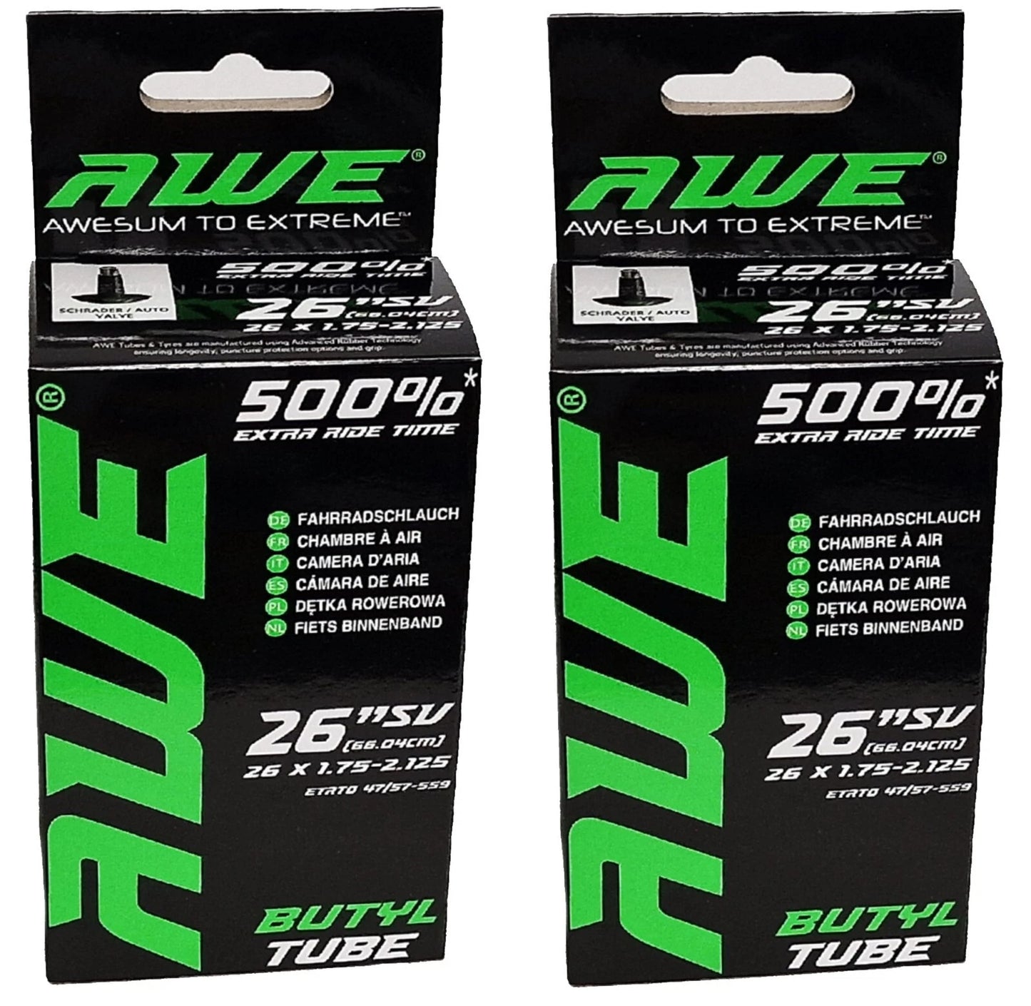 Awe 2 x Butyl Rubber 26" x 1.75-2.125 Inner Tube 500%* Extra Ride Time Schrader Valve