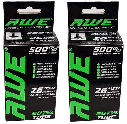 Awe 2 x Butyl Rubber 26" x 1.75-2.125 Inner Tube 500%* Extra Ride Time Schrader Valve