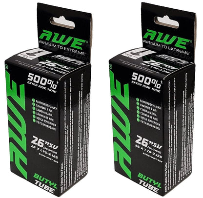 Awe 2 x Butyl Rubber 26" x 1.75-2.125 Inner Tube 500%* Extra Ride Time Schrader Valve
